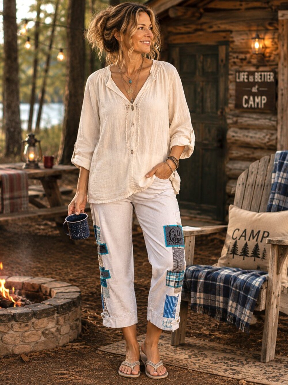 Boho Patchwork Khaki Camp Pants Upcycled Teal Coffee Theme Leisure Trousers Sz 4